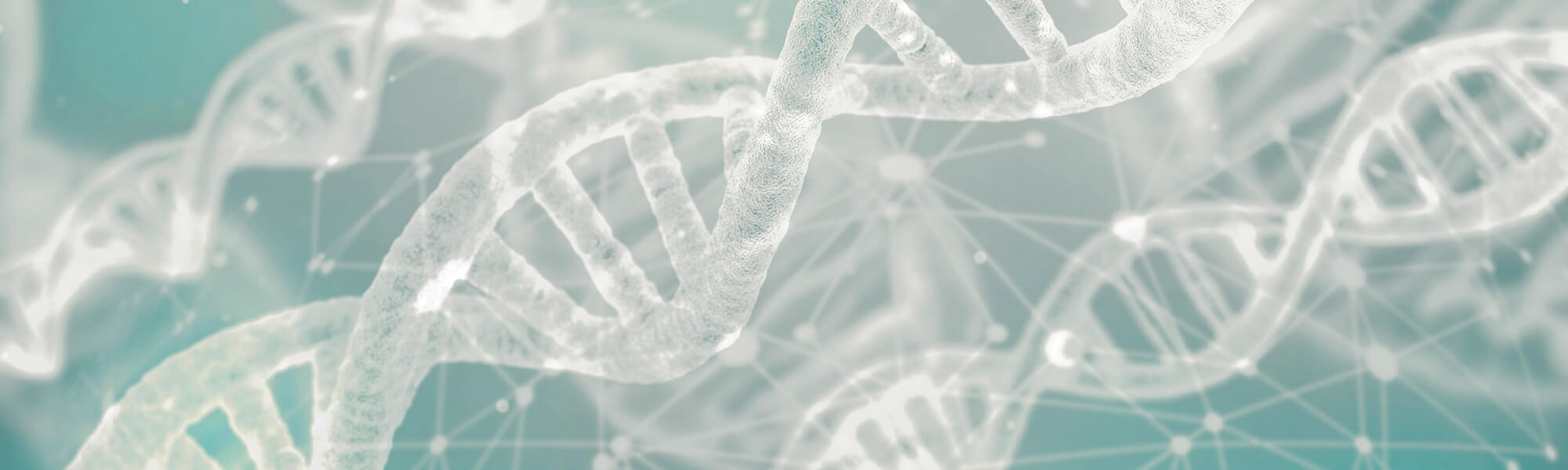 Futuristisches Bild auf dem helle DNA-Spiralen auf grünem Hintergrund zu sehen sind.